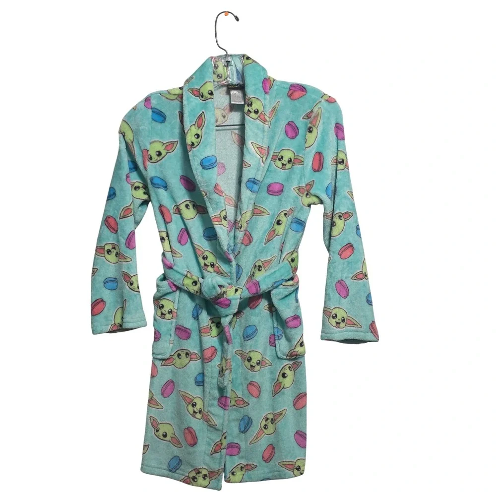 Star Wars Grogu Baby Yoda Teal Fleece Bathrobe Girls Size 10 Macaron Print‎ Robe